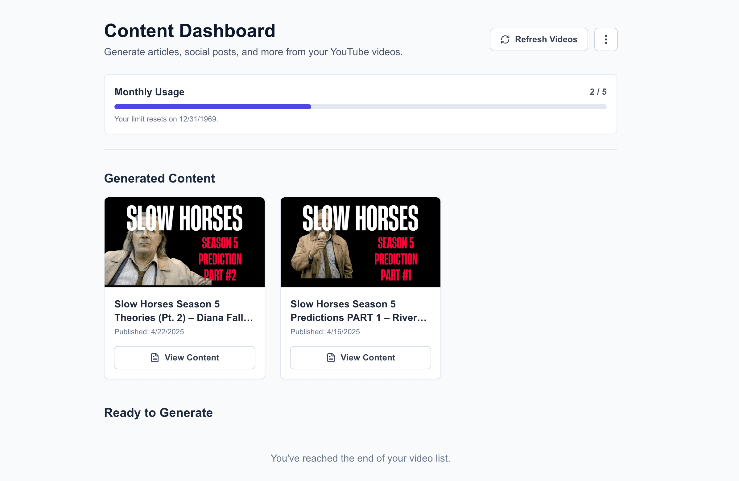 Screenshot of the ContentFlip AI dashboard showing multiple videos ready for content generation.